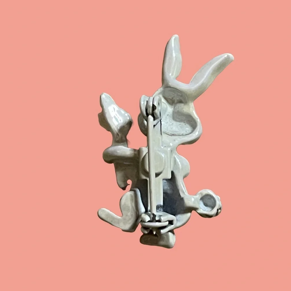 Iridescent White Enamel Bunny Red Eyes Brooch Pin with Carrot Vintage Fun